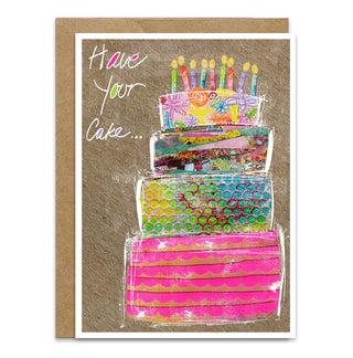 Colorful wildflowers cake greeting card that says Have Your Cake. Artwork by Jennifer Lambein.  