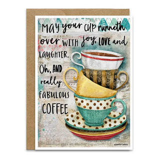 Greeting card with colorful teacups and coffee cup design, featuring a motivational quote.