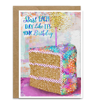 Greeting card with a colorful cake illustration and motivational quote on a white background