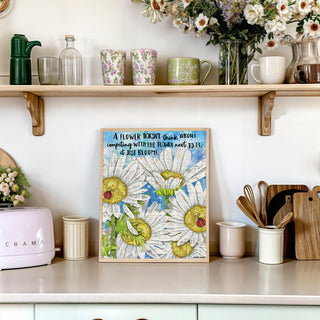 Bloom Daisies & Ladybugs Art Print - Inspirational Quote - Wildflowers