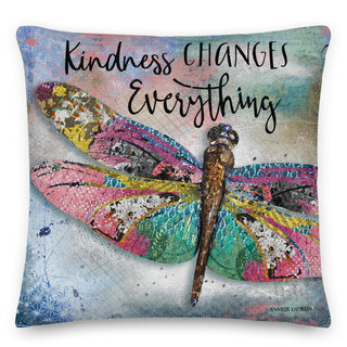 A whimsical dragonfly throw pillow with a fun galaxy background that says Kindness Changes Everything. Artwork by Jennifer Lambein. 