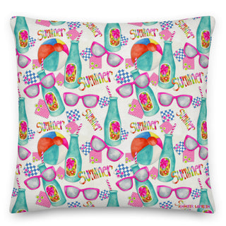 A throw pillow with colorful watercolor sunglasses, beach balls, and sparkly sodas in pick, blue, yellow, green and orange. Very summery. Artwork by Jennifer Lambein. 