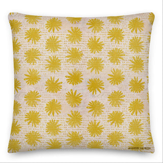 A boho cottagecore throw pillow with a summery yellow sun flower pattern on a textured taupe background. Artwork by Jennifer Lambein. 