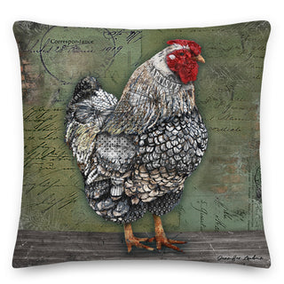 A throw pillow with a rustic boho farmhouse chicken on a forest green background. Artwork by Jennifer Lambein. 