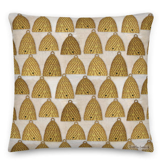 A boho cottagecore style throw pillow with a watercolor bee skeps pattern.  Artwork by Jennifer Lambein. 