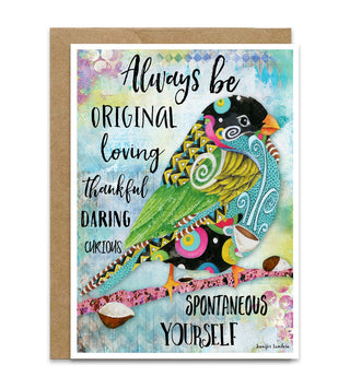 Card with a colorful parrot illustration and motivational quote on a white background