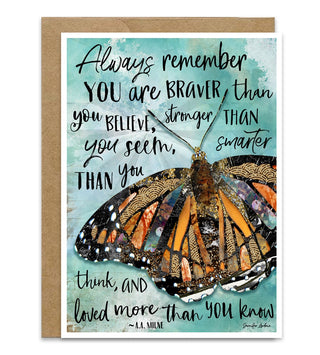 Greeting card with butterfly illustration and motivational quote on a white background