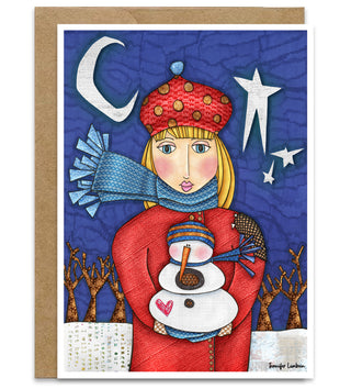 Amelia Snowman Love Greeting Card - Moon & Stars Winter Art
