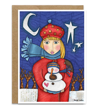 A winter and Christmas card with a whimsical folk art girl in a red coat with a blue patterned scarf holding a snowman standing in from top bare trees and a white moon and stars. Artwork by Jennifer Lambein. 