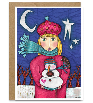 Amelia Pink Snowman Love Greeting Card - Moon & Stars Winter Art