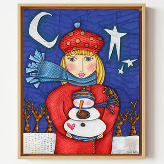 Amelia Snowman Love Art Print - Moon & Stars Winter Nature Scene