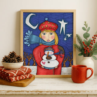 Amelia Snowman Love Art Print - Moon & Stars Winter Nature Scene