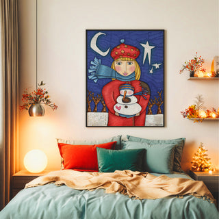Amelia Snowman Love Art Print - Moon & Stars Winter Nature Scene