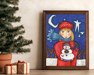 Amelia Snowman Love Art Print - Moon & Stars Winter Nature Scene