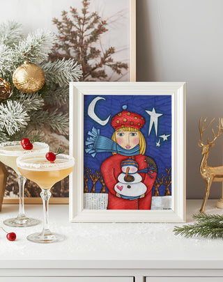 Amelia Snowman Love Art Print - Moon & Stars Winter Nature Scene
