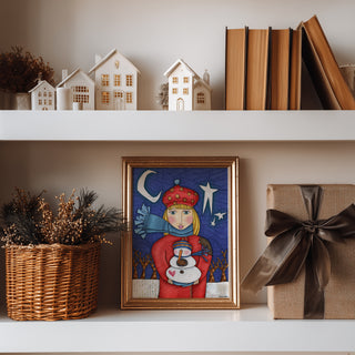 Amelia Snowman Love Art Print - Moon & Stars Winter Nature Scene
