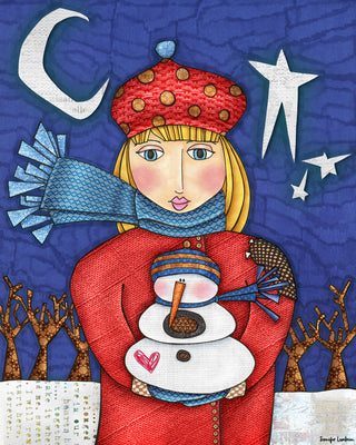 Amelia Snowman Love Art Print - Moon & Stars Winter Nature Scene
