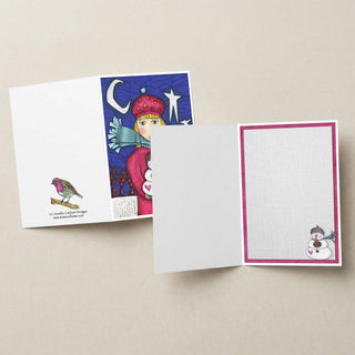Amelia Pink Snowman Love Greeting Card - Moon & Stars Winter Art