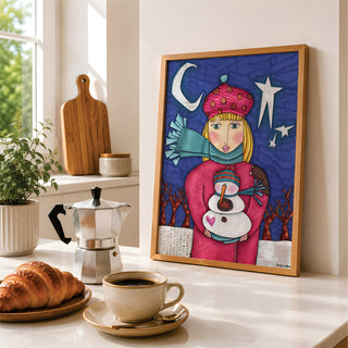 Amelia Pink Snowman Love Art Print - Moon & Stars Winter Nature Scene