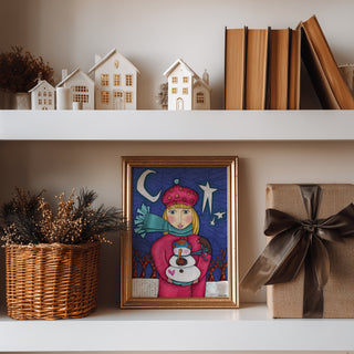 Amelia Pink Snowman Love Art Print - Moon & Stars Winter Nature Scene