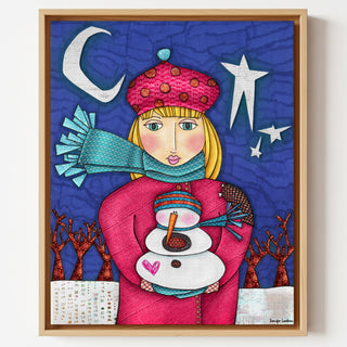 Amelia Pink Snowman Love Art Print - Moon & Stars Winter Nature Scene