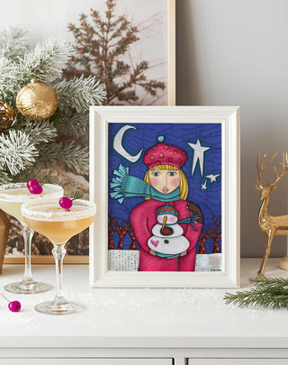 Amelia Pink Snowman Love Art Print - Moon & Stars Winter Nature Scene