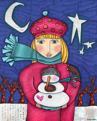Amelia Pink Snowman Love Art Print - Moon & Stars Winter Nature Scene