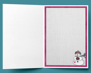 Amelia Pink Snowman Love Greeting Card - Moon & Stars Winter Art