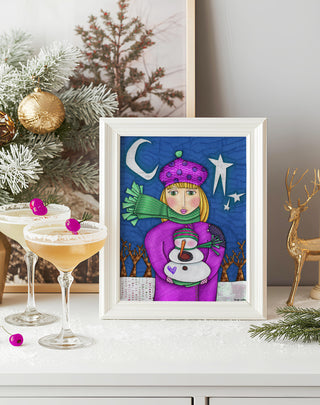 Amelia Winter Friends Art Print - Snowman Stars & Nature Christmas