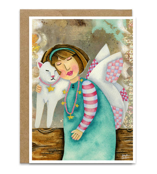 A greeting card with a watercolor whimsical angel hugging a white cat. The angel is a sweet girl wearing a star necklace. Artwork by Jennifer Lambein. 