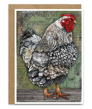 Card with a stylized illustration of a chicken hen bird on a textured background. Artwork by Jennifer Lambein.