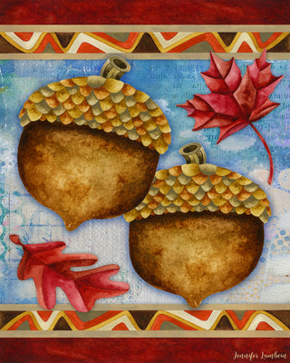 Autumn Acorns & Fall Leaves Art Print - Watercolor Nature