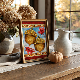 Autumn Acorns & Fall Leaves Art Print - Watercolor Nature