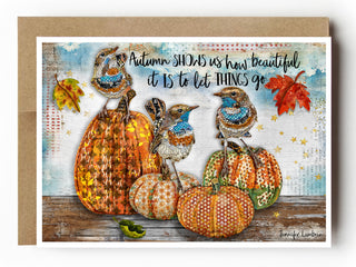 Beautiful Autumn Greeting Card - Nature Art - Fall Leaves, Birds & Pumpkins