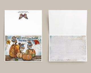 Beautiful Autumn Greeting Card - Nature Art - Fall Leaves, Birds & Pumpkins