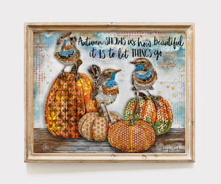 Beautiful Autumn Birds Pumpkins & Leaves Art Print - Positive Nature