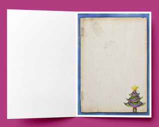 Starry Night Pink Santa Greeting Card - Christmas Trees, Stars & Birds