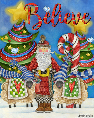 Believe Santa Art Print - Christmas Trees Stars & Birds