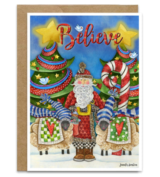 Believe Santa Greeting Card - Christmas Sheep, Stars & Birds