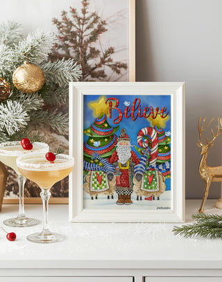 Believe Santa Art Print - Christmas Trees Stars & Birds