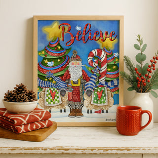 Believe Santa Art Print - Christmas Trees Stars & Birds