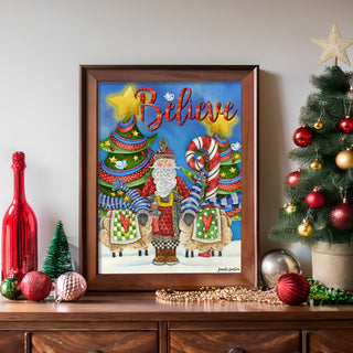 Believe Santa Art Print - Christmas Trees Stars & Birds