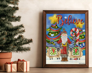 Believe Santa Art Print - Christmas Trees Stars & Birds