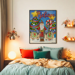Believe Santa Art Print - Christmas Trees Stars & Birds