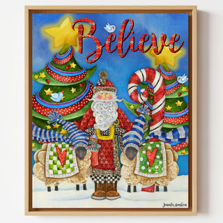 Believe Santa Art Print - Christmas Trees Stars & Birds