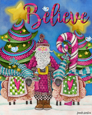 Believe Pink Santa Art Print - Christmas Trees Stars & Birds