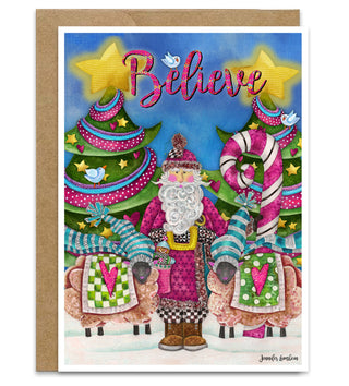 Believe Pink Santa Greeting Card - Christmas Sheep, Stars & Birds