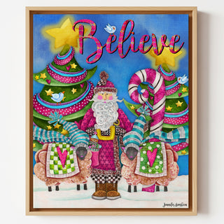 Believe Pink Santa Art Print - Christmas Trees Stars & Birds