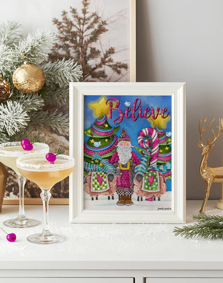 Believe Pink Santa Art Print - Christmas Trees Stars & Birds
