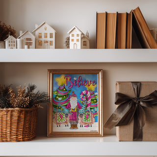 Believe Pink Santa Art Print - Christmas Trees Stars & Birds